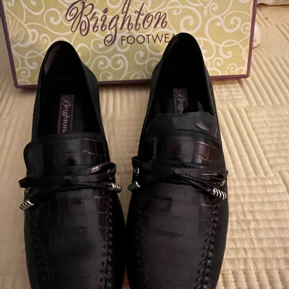 Brighton Women's Dark Brown Croc-Embossed Loafers with Silver Bit